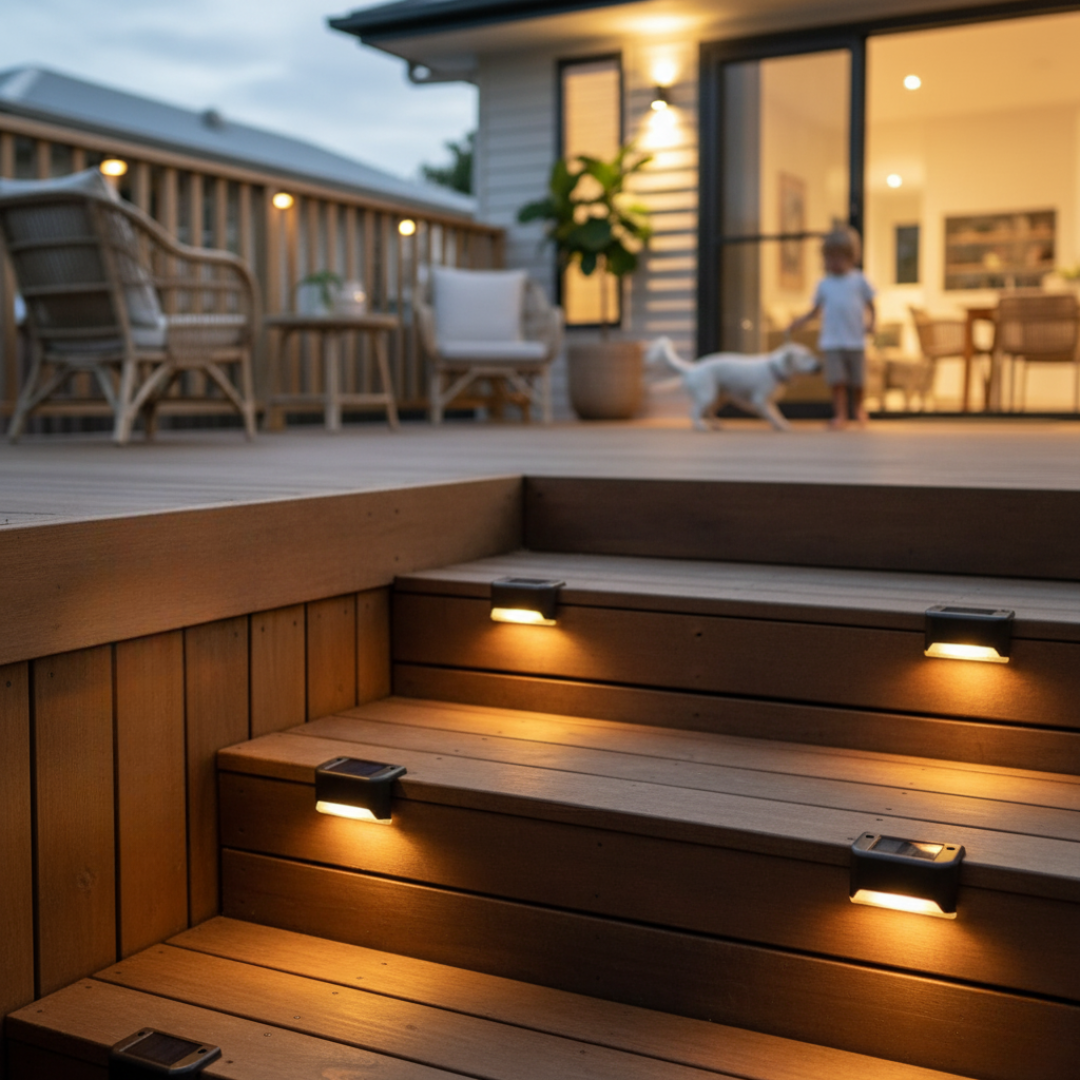 Solar outdoor lights along a garden pathway at a NZ home