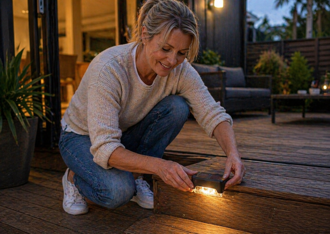 Solar lights on outdoor steps and pathway at a NZ home