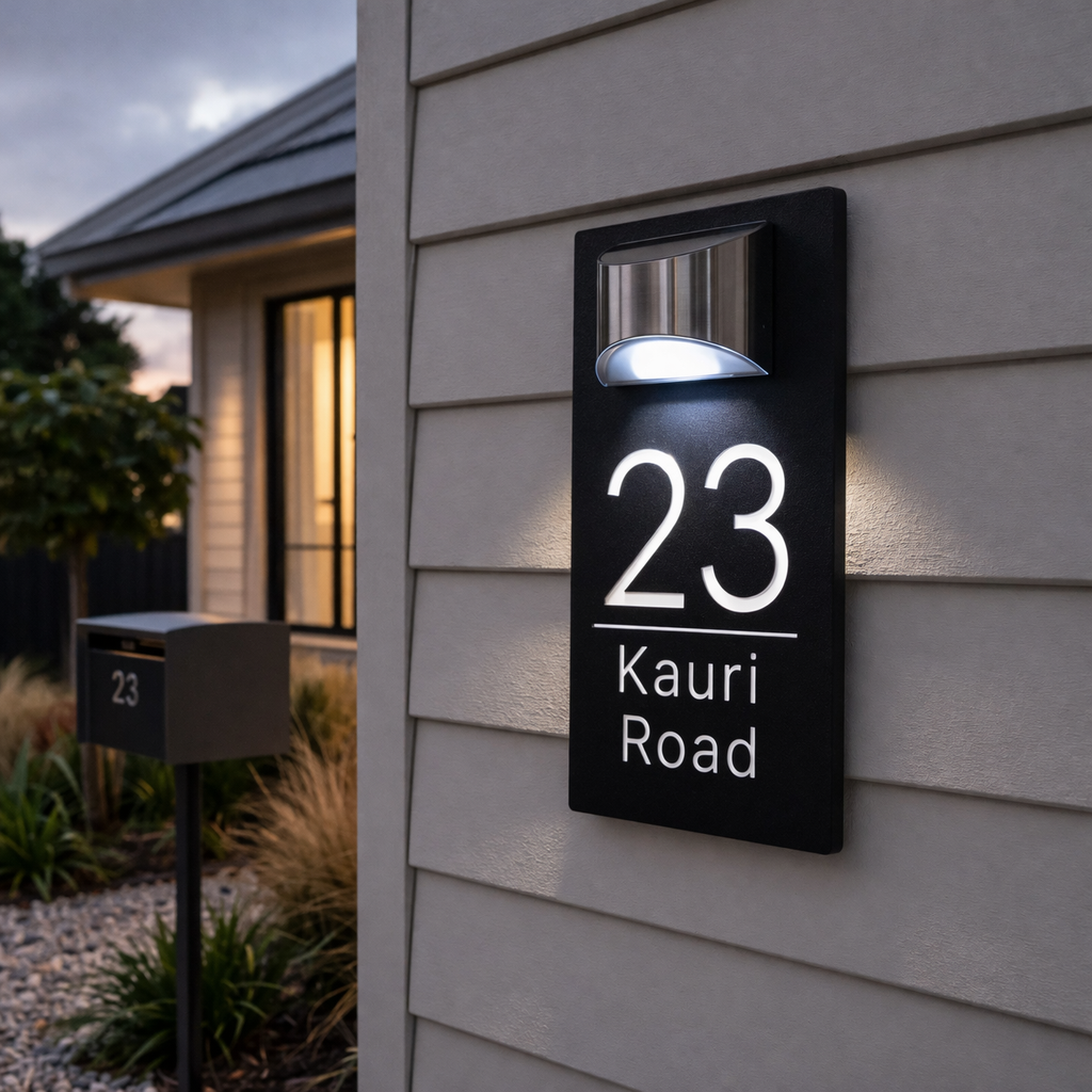 Visible illuminated house number at night on a NZ home