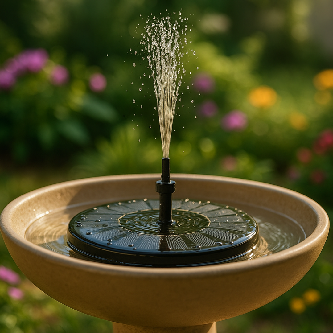 Solar water fountain in garden bowl with floating pump spraying water
