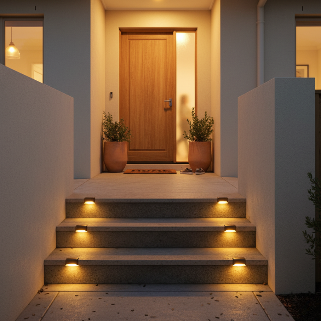 Solar outdoor step lights illuminating front entrance stairs at night in New Zealand home