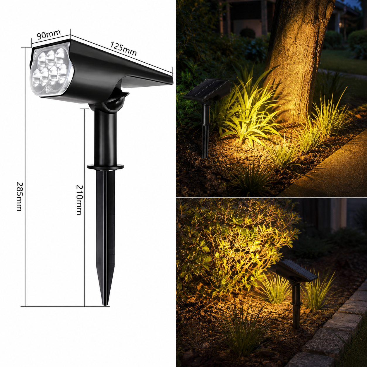 Solar garden spotlight on a ground stake pushed into a garden bed