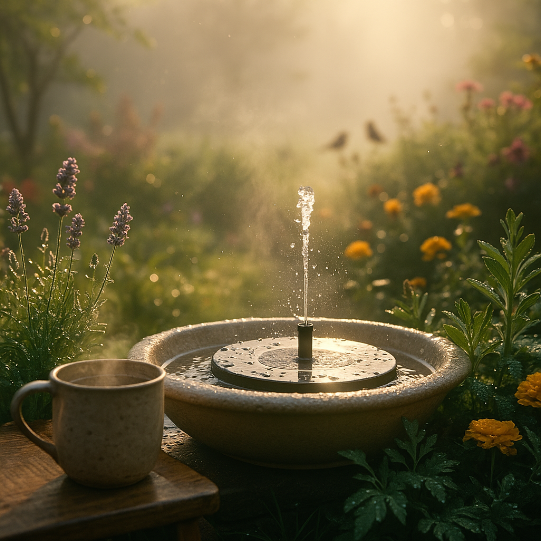 Fountain with a cup in a garden setting