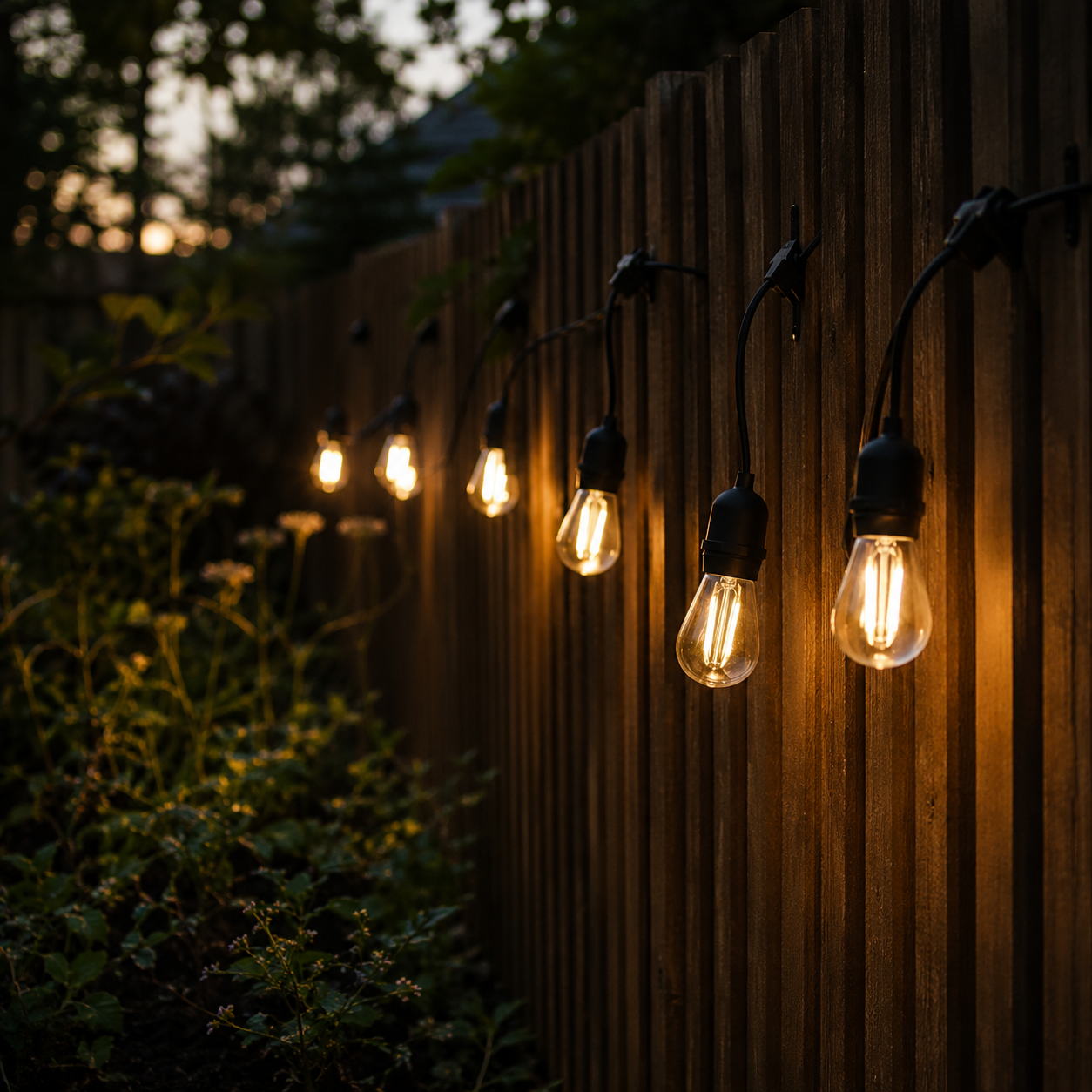 Solar festoon lights strung above an outdoor dining table at dusk