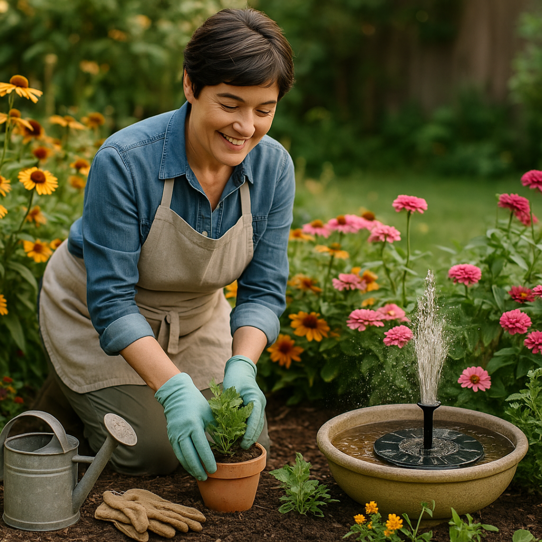 Person gardening with a small water fountain and flowers in the background