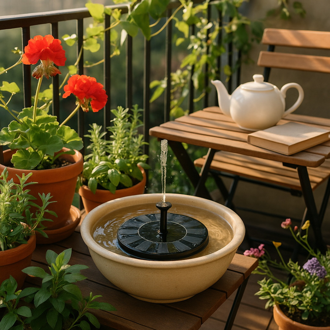 Outdoor setting with a small water fountain, potted plants, and a teapot on a wooden table.