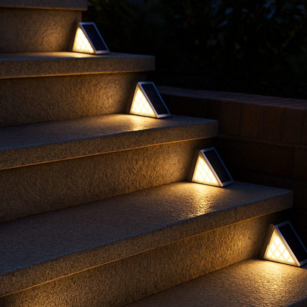 Solar step light lighting a garden stair tread at nightfall