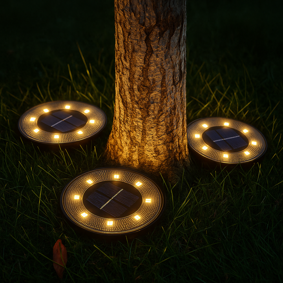 Solar outdoor light mounted beside a back door glowing at night