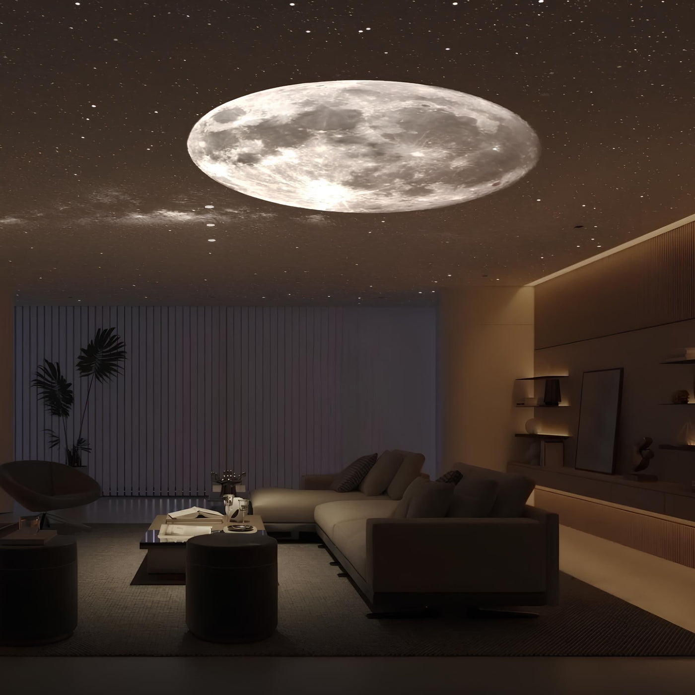 Galaxy projection lamp filling a dark bedroom ceiling with stars