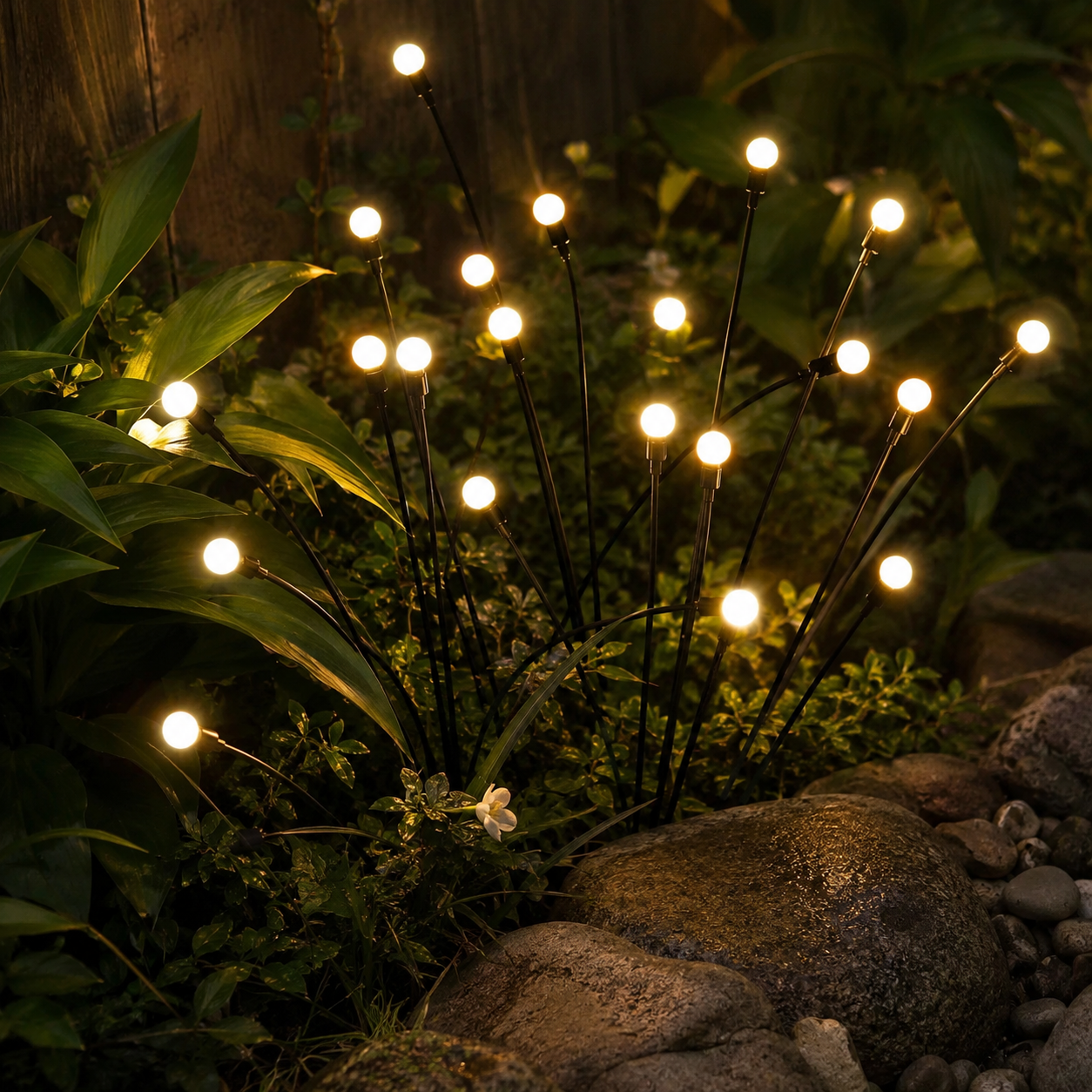 Solar firefly lights drifting on flexible stems in a garden bed at night
