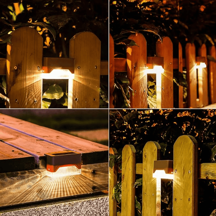 Collage of wooden fence lights with glowing lights in various settings.