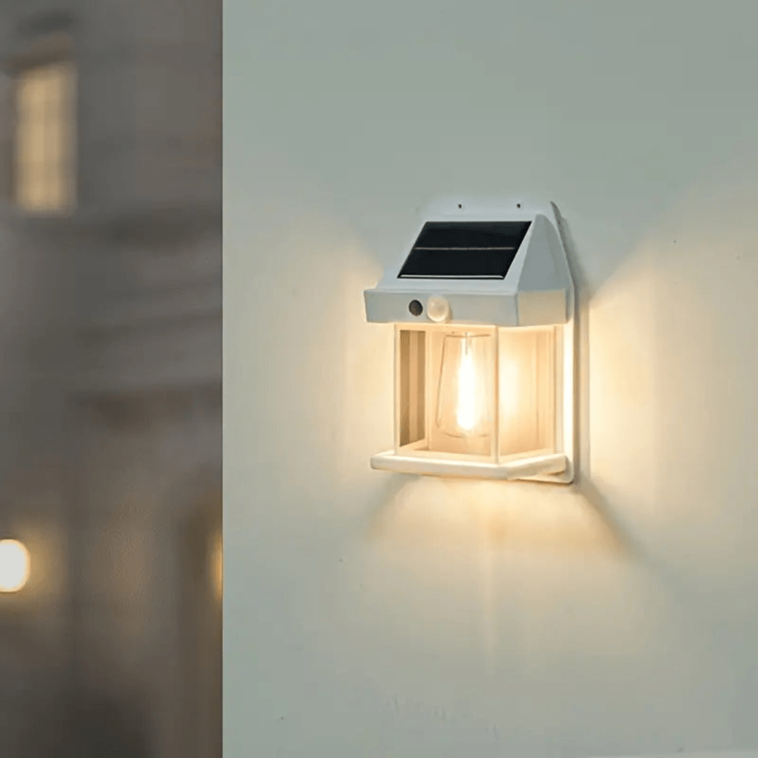 Compact modern solar lamp mounted on a rendered wall