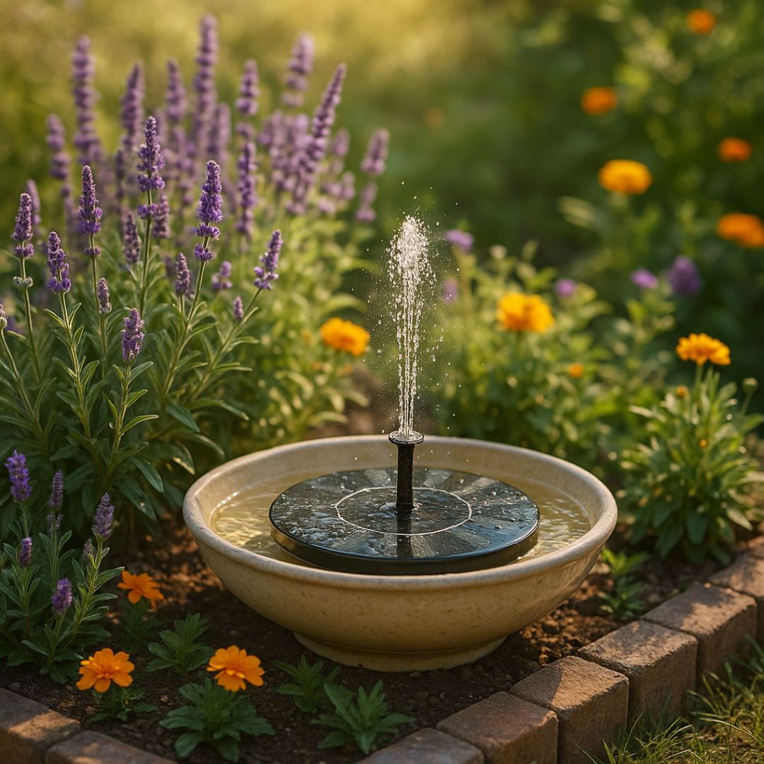 Small water fountain in a garden with flowers and plants