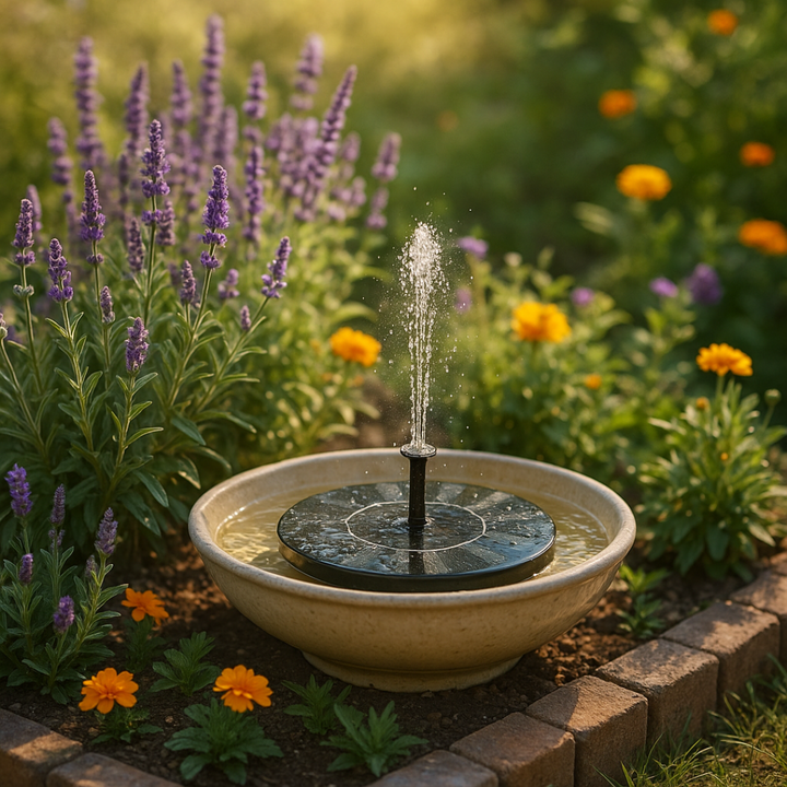 Small water fountain in a garden with flowers and plants