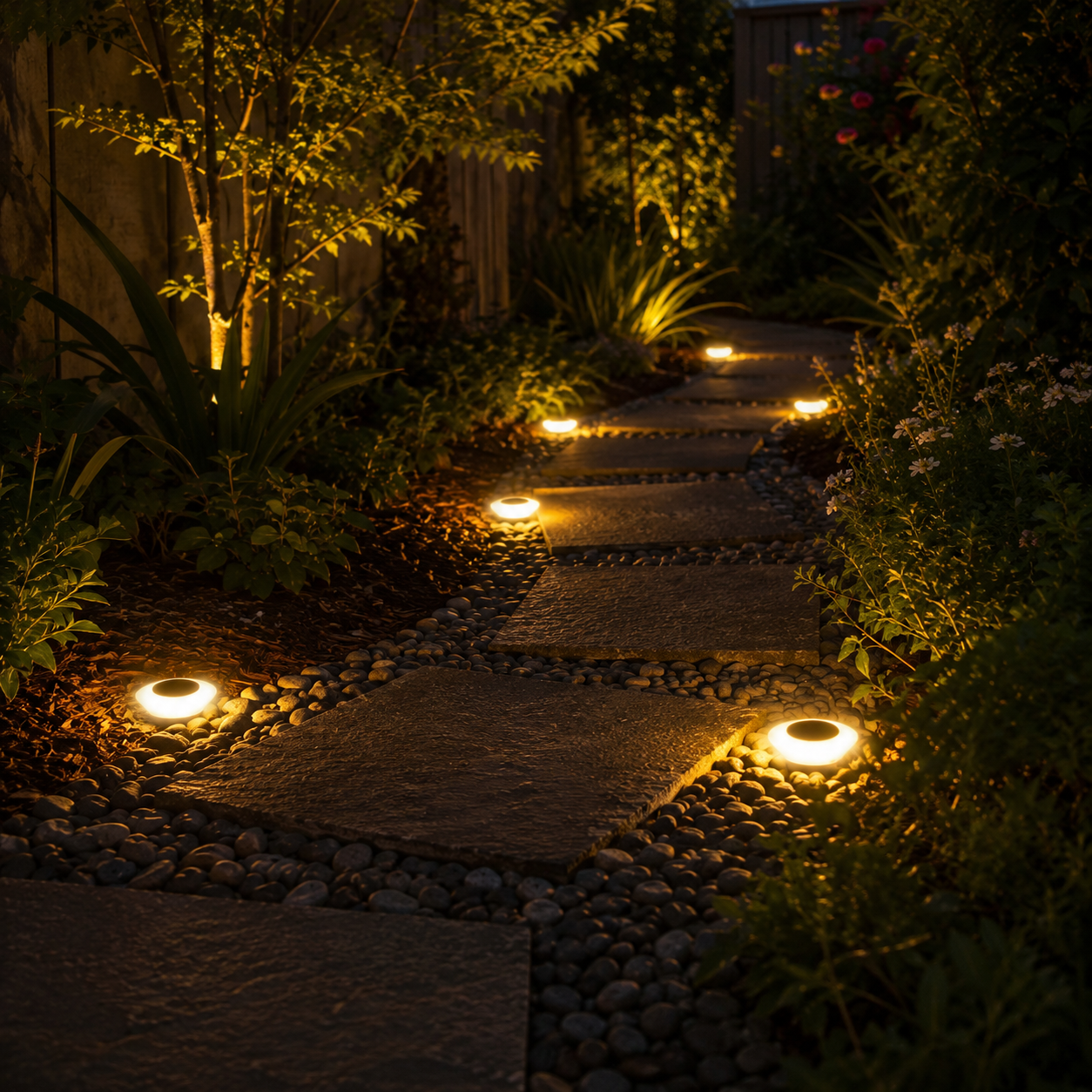 Solar ground light set flush into a garden path glowing warm white