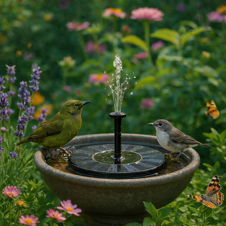 Two birds on a solar-powered fountain in a garden with flowers and butterflies.