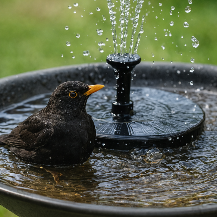 Bird in a water fountain with a blurred green background