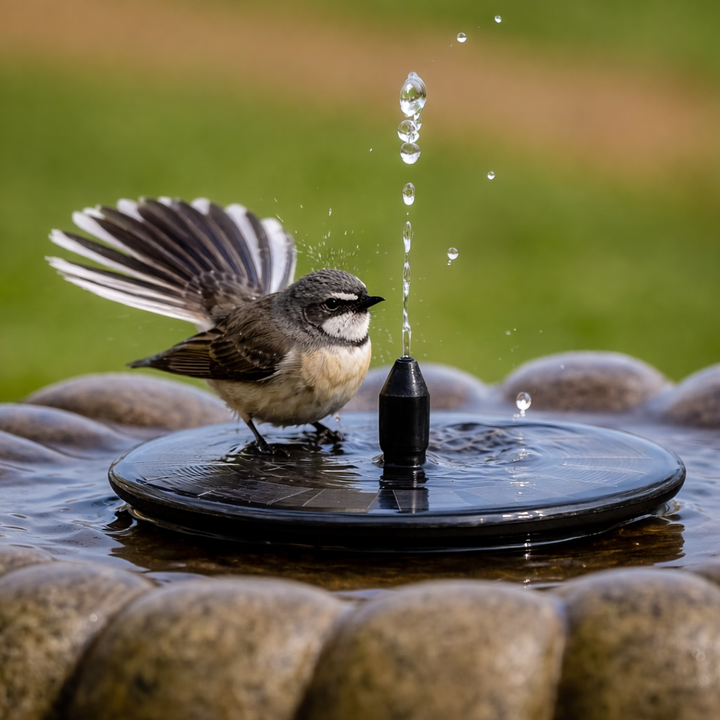Bird splashing water from a fountain in a natural setting