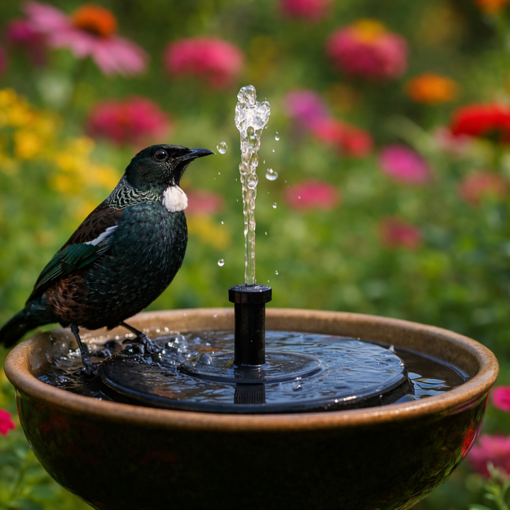 Bird, Tui drinking water from a small fountain in a garden with flowers in the background