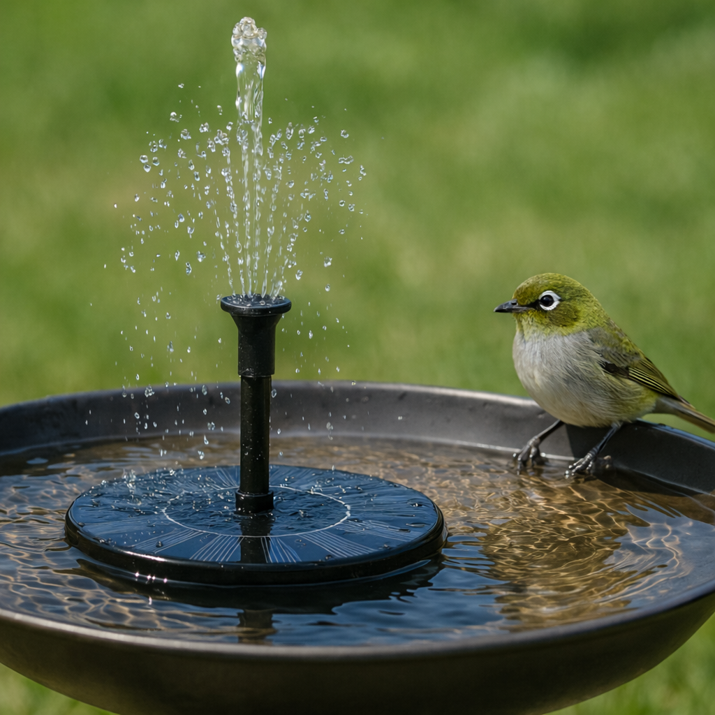 Bird perched on a water fountain with water splashing around, set against a green grass background.