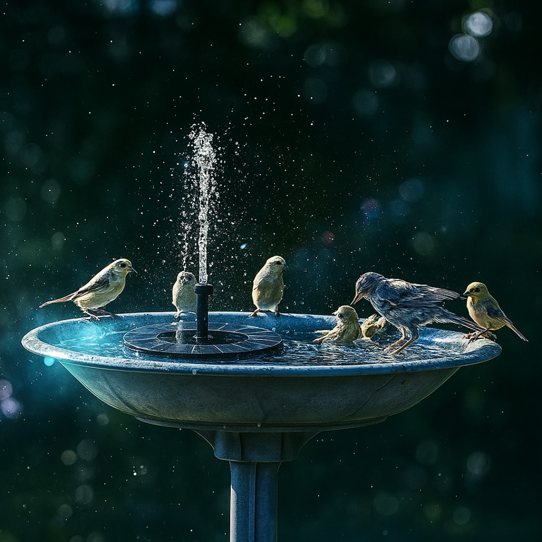 Birds around a birdbath with a fountain in a dark forest setting