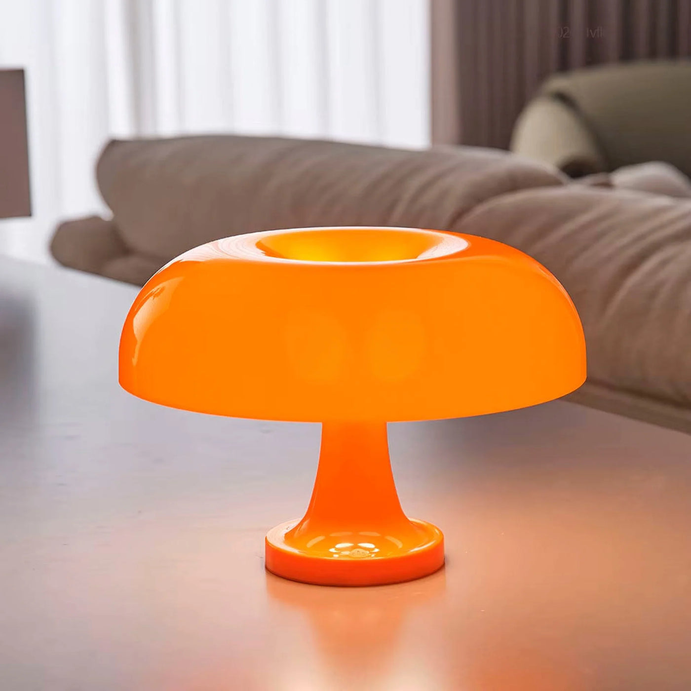 Rechargeable mushroom lamp glowing warm on a hallway sideboard