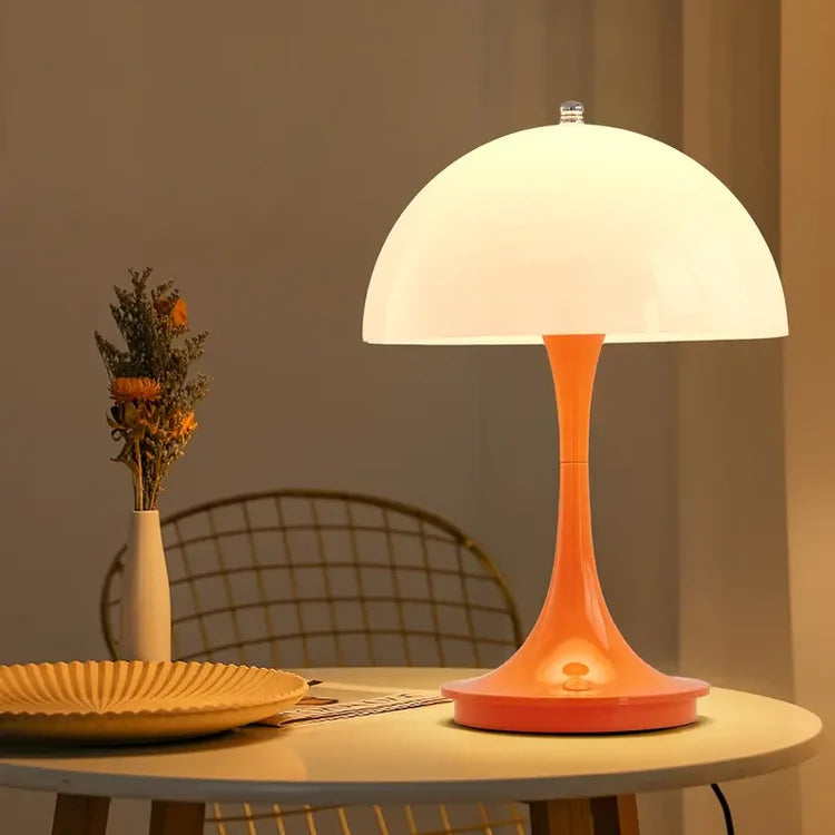 Retro inspired ambient table lamp casting soft light in a living room