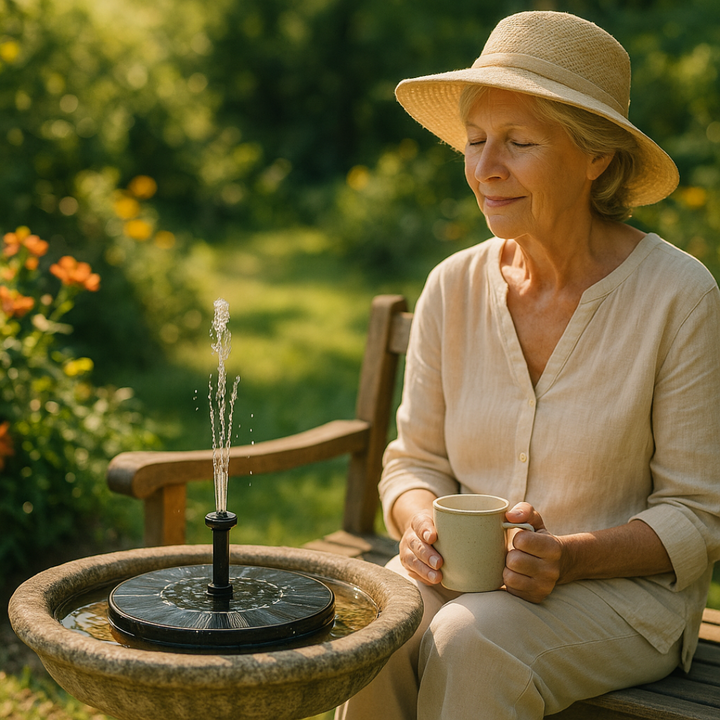 Woman sitting by a small fountain in a garden, holding a mug.