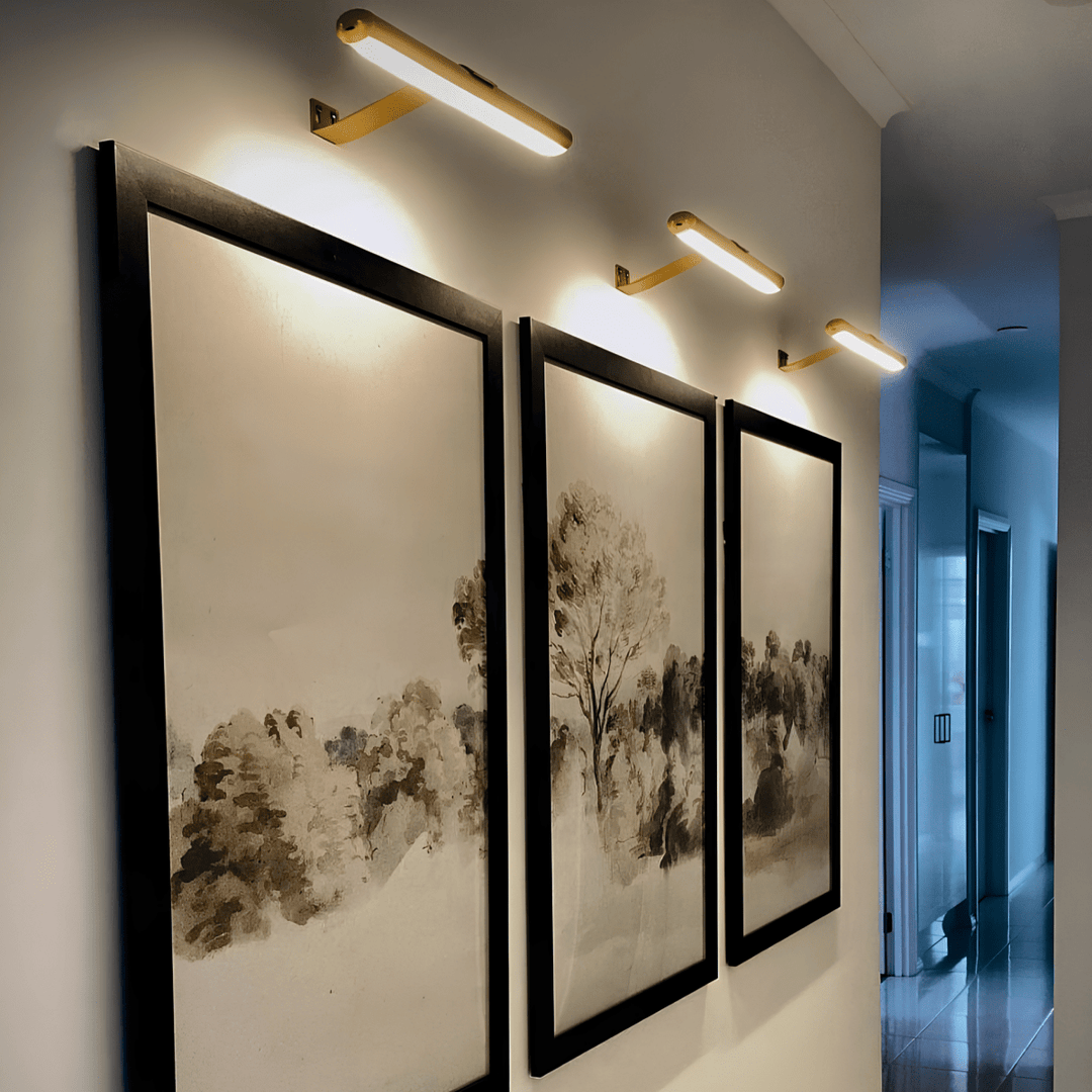 Close-up of cordless LED picture wall light with sleek modern finish