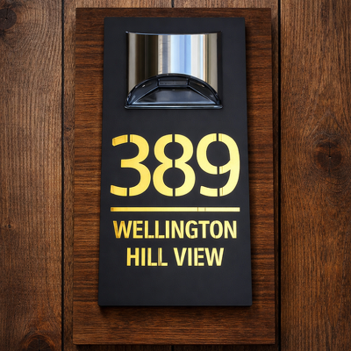 Black doorplate with yellow text &