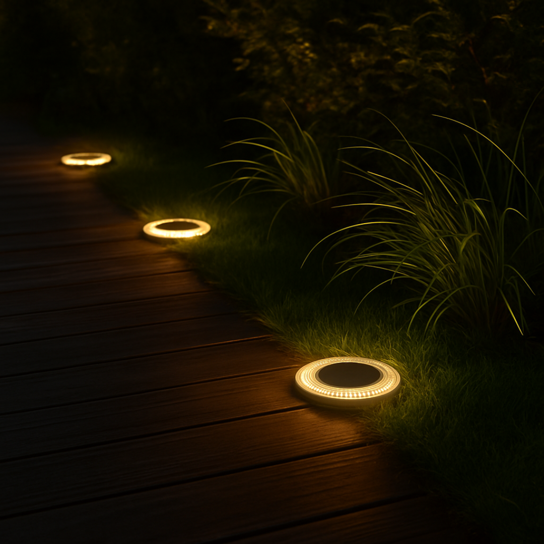 Close up of eight LEDs in a solar outdoor light housing